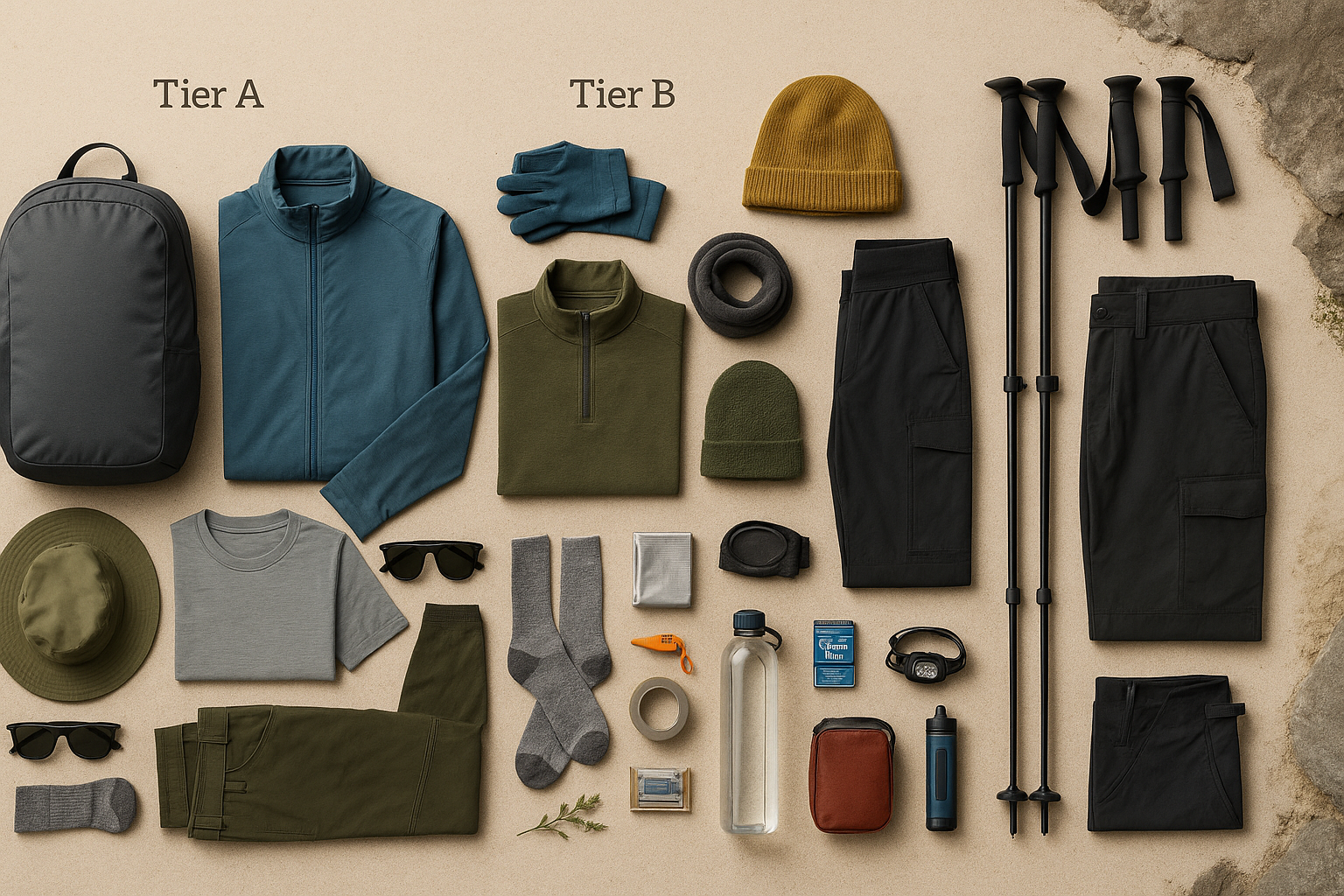South African trails ask different things of your kit. Cape wind and rain punish poor shells, the Karoo bakes you dry, and the Drakensberg brings altitude chill. This modular, budget hiking kit shows how to build a flexible, 3-season hiking gear South Africa setup under R5,000—then “swap” components by region and season, without buying everything twice. How this system works (in short) Buy once, build in tiers. Start at a lean “Day-Hike” tier and add components as budget allows. Swap, don’t duplicate. One core kit + seasonal add-ons = lighter pack, lower cost. Function over brand. Choose specifications (fit, warmth, weather rating) before labels. Primary targets used naturally below: hiking gear, 3-season hiking gear South Africa, budget hiking kit. Core layers that do the heavy lifting Base layer (next-to-skin): Synthetic or merino top that wicks and dries fast. Avoid cotton. Mid-layer: Lightweight fleece or synthetic active-insulation. Cape/Drakensberg = thicker; Karoo summer = skip or pack ultra-light. Shell: Windproof, water-resistant jacket with hood (Cape) or wind shell (Karoo). Aim for seam-taped, adjustable cuffs/hem, and a decent hood brim. Legs: Quick-dry trousers or running tights + light over-trouser for Cape winter days. Extremities: Buff/hat, thin gloves (Berg mornings), sun sleeves (Karoo). Socks: Two pairs of wicking hiking socks; rotate at lunch to keep blisters down. Pack capacity by trip length Day hike: 15–25 L (water, shell, snacks, basic first-aid, headlamp). Overnight: 30–40 L (add warm layers, compact sleep kit, extra food/water). 2–3 nights: 45–55 L (insulation, shelter, cooking, more water). Browse Backpacks that match torso length and hip-belt size; prioritise a supportive frame, breathable back panel, and quick-access pockets. huntandhike.co.za Fit tips: Load the pack ~8–10 kg in-store; check that the hip-belt carries most of the weight and the shoulder straps don’t cut in. Keep heavy items high and close to your spine. Water & filtration (Cape, Karoo, Berg) How much? Rule of thumb 500–750 ml per hour in temperate weather; 1 L+ per hour in Karoo heat. Carry options: 1 L hard bottles (simple, durable) vs 2–3 L bladder (sips on the move). See Bottles . huntandhike.co.za Treatment: Tabs or drops for low-sediment water; a compact filter for berg streams after heavy rain or silty farm dams. Pack a backup set of tabs even if you carry a filter. Lighting: torches & headlamps Hands-free light wins every time for night hiking, cave sections, or late descents. Lumens: 150–300 lm is fine for trail work; 400–600 lm gives extra confidence on technical ground. Battery vs rechargeable: Rechargeable saves running costs; carry a small power bank or spare cells. IP rating: Aim for splash proof at minimum; rain happens. Explore Headlamps and pick one with a red mode for map reading. huntandhike.co.za Emergency & first-aid essentials First-aid core: Plasters, sterile pads, crepe bandage, zinc-oxide tape, blister kit, antiseptic wipes/ointment, antihistamine, pain relief, tick remover, space blanket, mini shears, gloves. Signalling & nav: Whistle, mini mirror, charged phone with offline maps, small power bank. Repair: Needle/thread, safety pins, 1–2 m duct tape wrapped on a card, cable ties. Keep it streamlined in a bright pouch. Ready-made options: First Aid Kits . huntandhike.co.za The budget-tiered kit (under R5,000 total) Use these as spending guides (not brand-specific). Prices vary; keep your running total under the cap. Tier A — Starter Day-Hike (± R1,800–R2,200) 15–20 L daypack Wicking tee + light fleece Wind/water-resistant shell (entry level) Cap/buff + sunblock 1–2 L water (bottle or bladder) Headlamp (basic), whistle, mini first-aid Snacks, map/app, phone power bank Why: Covers most Cape Peninsula, Garden Route, and Magalies day trails in fair weather. Tier B — Weekender Core (± R3,200–R3,800) Everything in Tier A plus: 30–40 L pack with proper hip-belt Warmer mid-layer (Drakensberg-friendly) Lightweight over-trouser Water treatment (tabs/drops) Larger headlamp output or spare cells Why: Adds weather margin and overnight range. Tier C — 3-Season Ready (cap at R5,000) Everything in Tier B plus: Upgraded shell (better hood + hydrostatic head) Compact filter or extra 1–2 L carry for Karoo routes Light gloves, thicker beanie/buff for Berg starts Expanded first-aid (space blanket, more tape) Small repair kit Why: Resilient across Cape winter, Karoo summer heat, and Berg shoulder seasons—without overspending. Swap-in/out table by season & biome Season / Biome Swap In Swap Out Why Cape winter (wind + rain) Robust shell with good hood; over-trouser; extra mid-layer; dry bags Ultralight wind shell Prolonged rain + gusts demand protection and better seam-taping. Karoo summer (heat + dust) Wide-brim hat, sun sleeves, electrolytes, +1–2 L water, light buff Thick mid-layer Intense solar load and scarce water—prioritise shade, skin cover, hydration. Drakensberg shoulder seasons (cold + altitude) Thicker mid-layer, light gloves, beanie, warmer socks Minimalist wind shell only Early/late-season mornings can be sub-zero; wind chill at altitude. Coastal humidity (KZN coast, Lowveld) Quick-dry base, anti-chafe, anti-fungal foot care Heavy cotton layers High moisture = chafe/blister risk; keep fabrics fast-drying. Packing list by trip length (printable) Day hike (essentials): Pack, base + mid, shell, hat/buff, 1–2 L water, snacks, Headlamp , small First Aid Kit , whistle, map/app, phone + power bank, tape wrap, sunblock. huntandhike.co.za +1 Overnight: As above + warmer layer, sleep kit, extra food, stove/fuel (if allowed), 2–3 L water carry or filter, repair kit, spare socks. 2–3 nights: As overnight + bigger pack, more treatment/filter capacity, extra insulation, spare base top, camp light. 60-second door check: Water, shell, headlamp, phone battery, map offline, whistle, first-aid, snacks. What to upgrade first (highest ROI) Foot comfort: Good socks + tape = fewer blisters. Shell: A better hood and seam-taping keeps you moving in Cape storms. Lighting: Brighter, longer-lasting headlamp increases safety margin. Hydration: A second bottle or bladder and dependable treatment method. Explore key categories to round out your build: Backpacks , First Aid Kits , Headlamps , Bottles . huntandhike.co.za +3 huntandhike.co.za +3 huntandhike.co.za +3 FAQs What is a 3-season hiking kit in South Africa? A system that handles Cape winter, Karoo summer, and Berg shoulder seasons with swaps—without a full winter-alpine setup. How do I stay under R5,000 without compromising safety? Buy the best-fitting pack and a capable shell, then add mid-layers and lighting as budget allows. Use a bottle + tabs now; add a filter later. How many litres of water should I carry in summer? Plan 1 L per hour for hot, exposed Karoo routes; less in shaded coastal or high-altitude conditions. Always carry a treatment backup. Bottle or bladder for the Drakensberg? Bladder for steady sipping on climbs; keep a 1 L bottle as a backup and for mixing electrolytes.